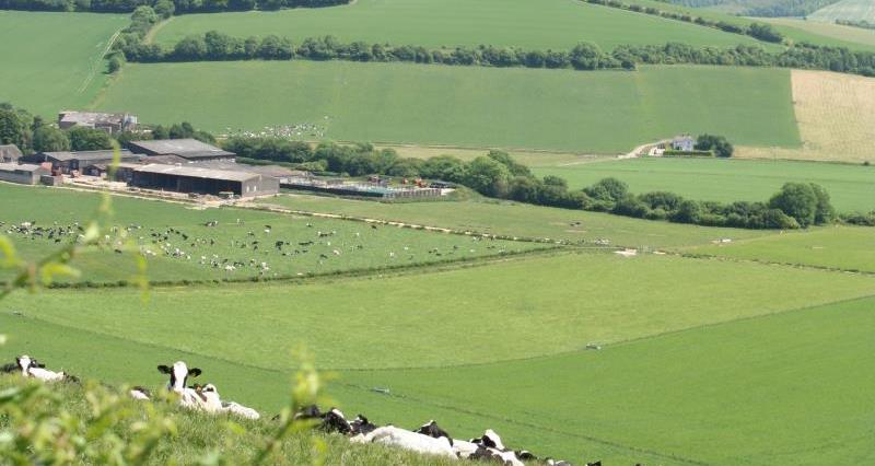 An ariel view of a dairy farm with some arable fields in the distance