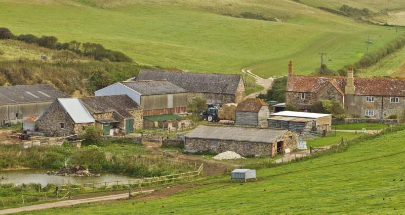 An image of farm buildings and a house on a farm