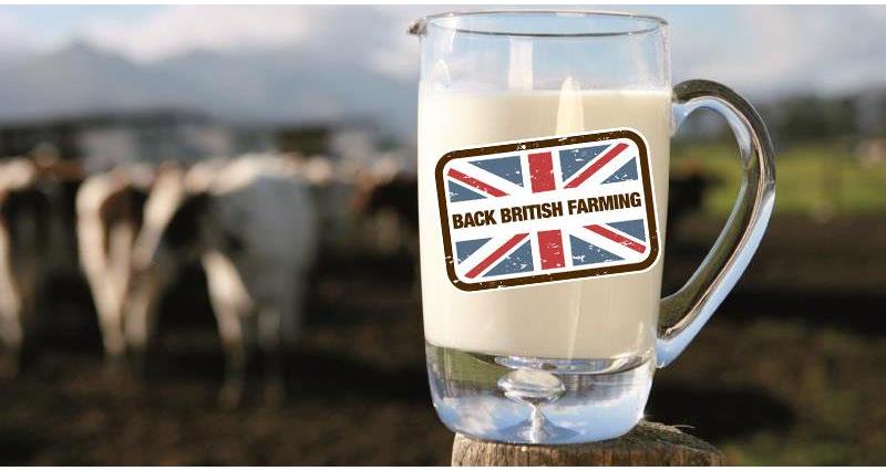 A picture of a glass of milk with back British Farming logo