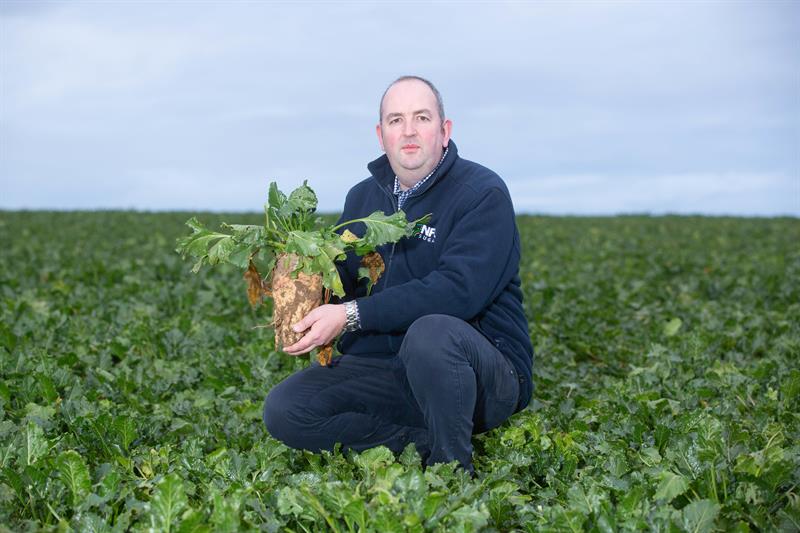 NFU Sugar board member Simon Smith in a field holding sugar beet