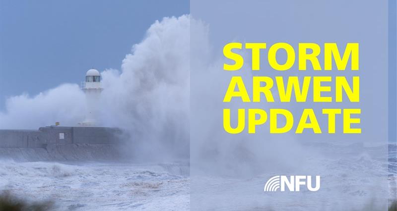 North East update graphic based on a photo of waves crashing over the lighthouse at Redcar during Storm Arwen