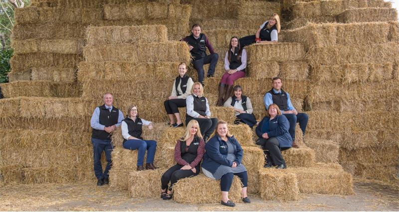 North East team members sitting in amongst a big stack of straw bales