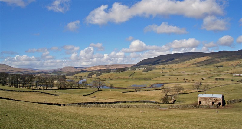 A landscape shot of fields and a barn in Wensleydale