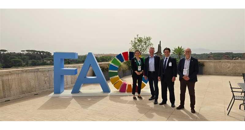 NFU Deputy President pictured with the NFU delegation of BAB director Robin Manning, NFU director of strategy Nick von Westenholz and NFU senior trade adviser Lucia Zitti, pictured infront of the FAO sign in Rome