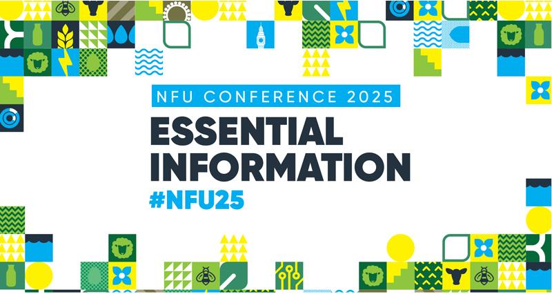 A graphic contaning NFU Conference artwork to promote essential information about attending NFU Conference 2025