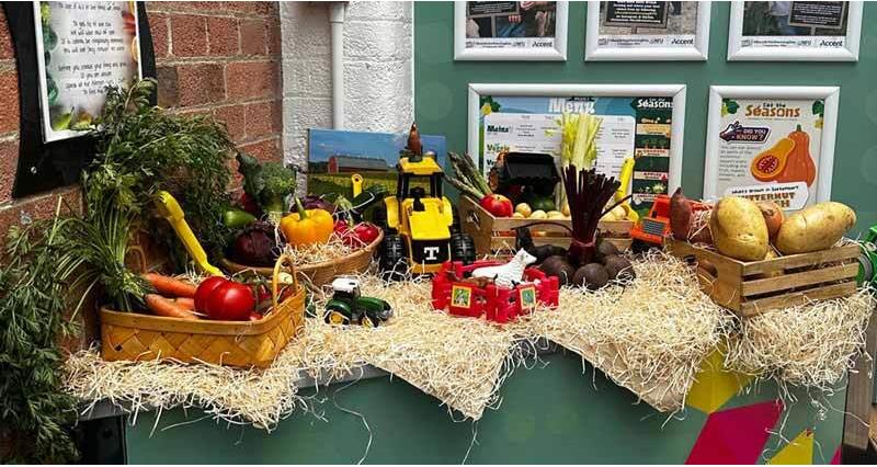 A display of British food produce set up in a school