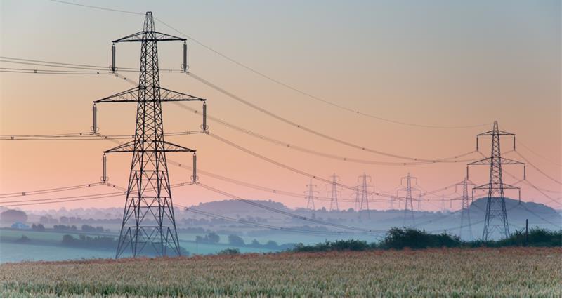 An image of electricity pylons and lines above farmland