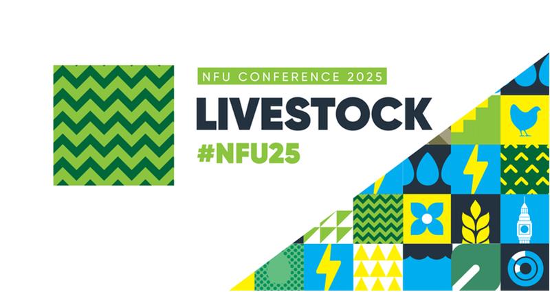 Icons of farming related images with the words 'NFU Conference' on a green background, with the words 'Livestock' and '#NFU25'