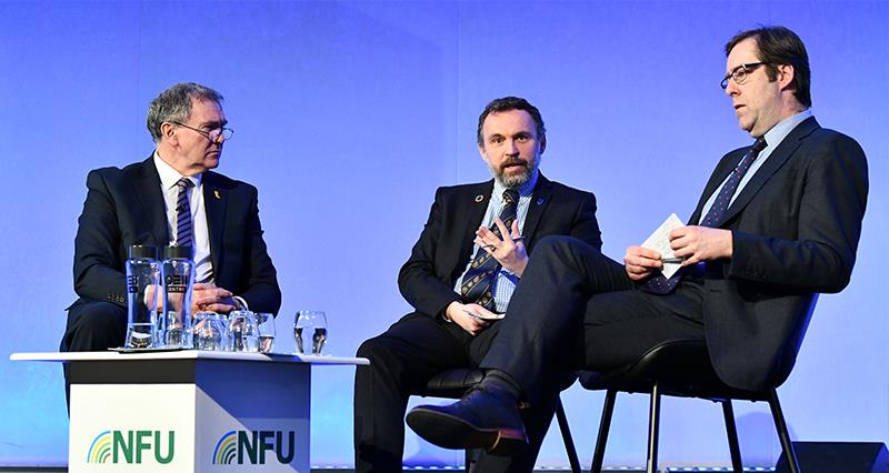 NFU Cymru President Aled Jones, Professor Michael Lee, Deputy Vice Chancellor, Harper Adams University and Phil Bicknell, CEO, UK Agri-Tech Centre on stage, deep in discussion about the science an technology needed to allow farmers to continue to grow sustainably.