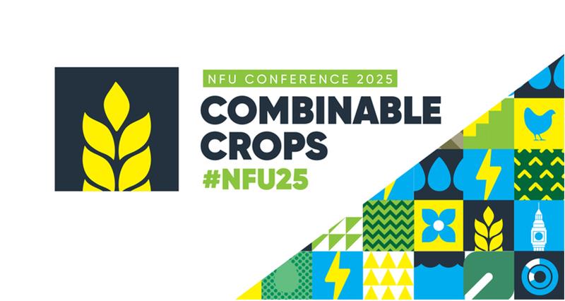 Icons of farming related images with the words 'NFU Conference' on a green background, with the words 'combinable crops' and '#NFU25'