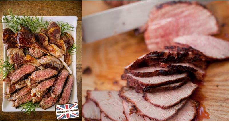 Platter of cooked, sliced British beef and lamb chops with rosemary garnish and the Back British farming logo