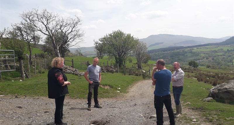 NFU Cymru officeholders in Meirionnydd welcoming an MS out on farm