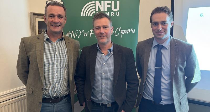 (L-R) NFU Cymru Anglesey County Chairman Richard Rogers; guest speaker Will Evans; NFU Cymru County Adviser Ilan Jones