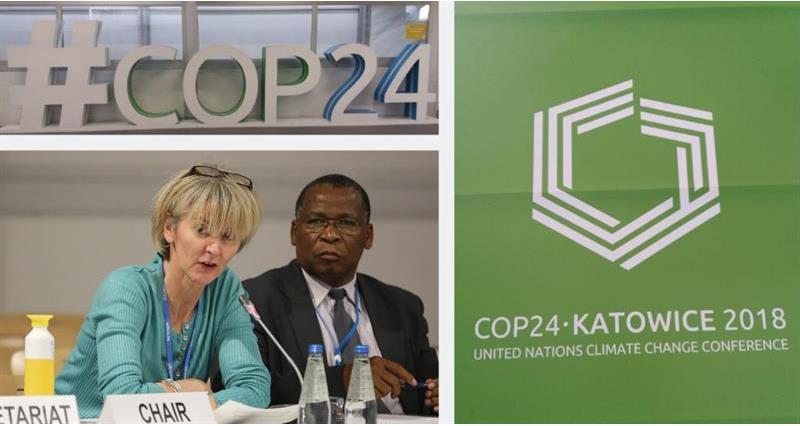 An image of Ceris Jones speaking on a panel alongside the COP24 logo and branding set against a green background