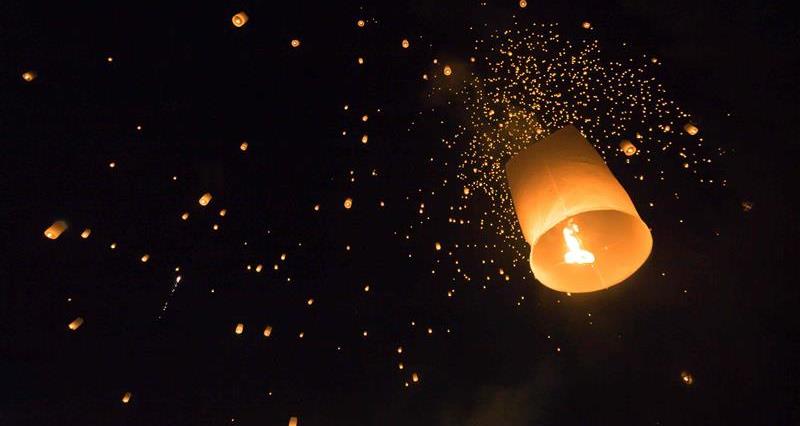Sky lanterns float in the sky at night