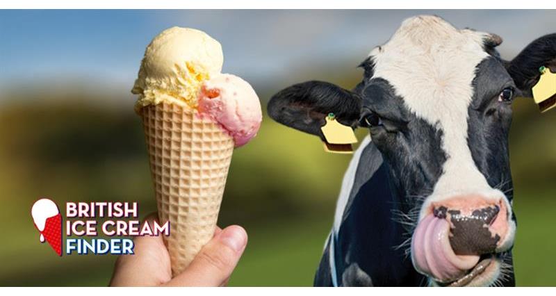 An image of a hand holding an ice cream and a dairy cow licking its lips