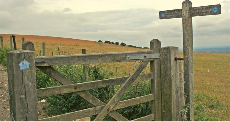 A gate and wooden signpost in a field