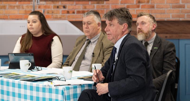 An image of the panel of speakers: Christine McDowell, NFU Horticulture and Potatoes Policy Specialist, Tim Rooke, Horticulture and Potatoes Board Vice Chair, Stephen Shields, Horticulture and Potatoes Board Vice Chair and Martin Emmett, Horticulture and Potatoes Board Chair, speaking during the virtual fringe session.