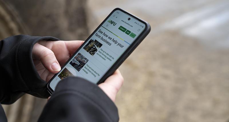 A person looking at the NFU's website on their phone