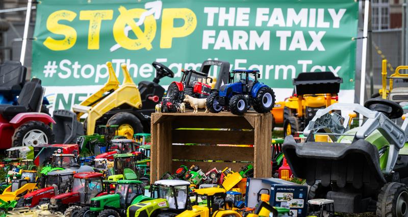 Pre-loved toys donated by NFU members and displayed outside the QEII Conference Centre, London,