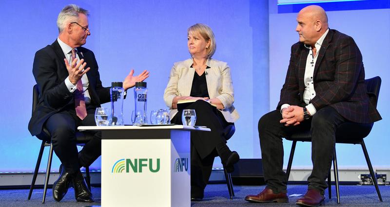 Pictured speaking on stage at NFU Conference are NFU Deputy President David Exwood, Sandra Sullivan, Director of Food & Drink Exporters Association and Richard Clothier, Managing Director of Wyke Farms