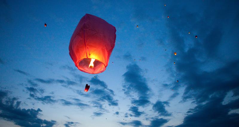 A group of sky lanterns in the sky