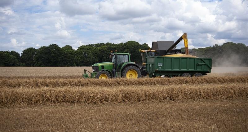 An image of a combine harvester in a field of wheat