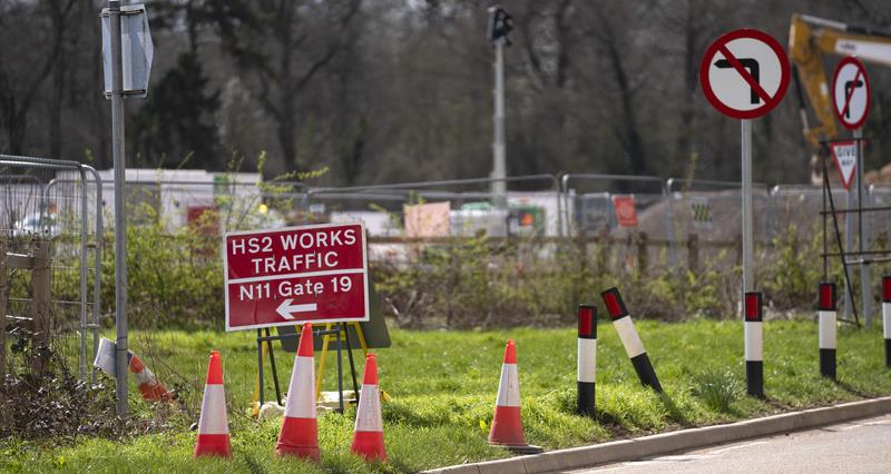 Cones and signs near an entrance to HS2 building works