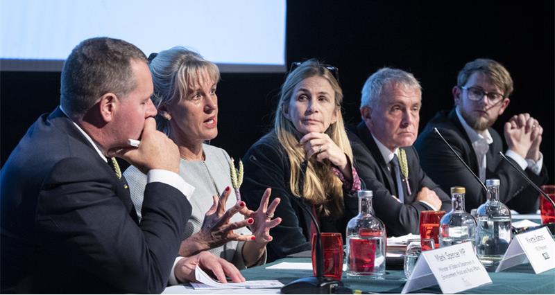 Farming Minister Mark Spencer, NFU President Minette Batters, Alice Thomson from The Times, EFRA Committee Chair Sir Robert Goodwill and Associate Director at YouGov Patrick English on a debate panel