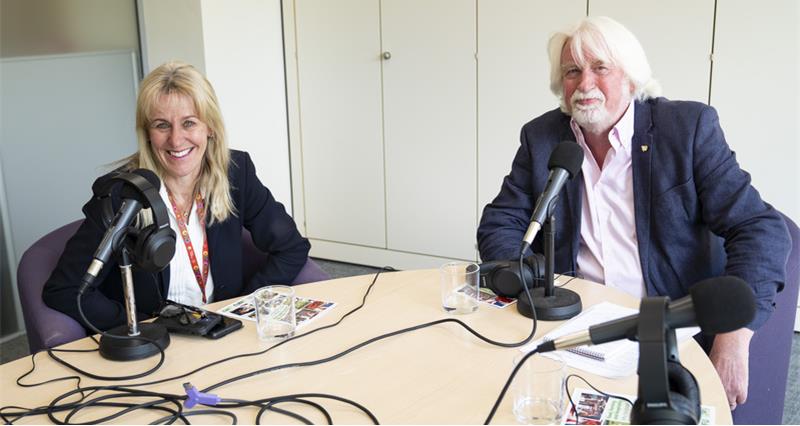 An image of NFU President Minette Batters and Peter Martin of Peach2020. They are both sitting around a desk with recording equipment on it.