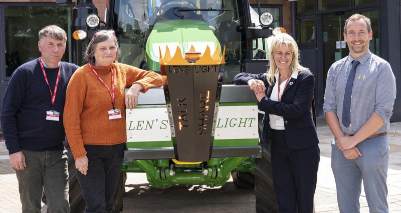 A phot of Andy and Lynda Eadon at NFU headquarters with NFU President Minette Batters and county adviser George Bostock to raise awareness for Len's Light, to throw light on the mental health / suicide issues faced by the rural community.