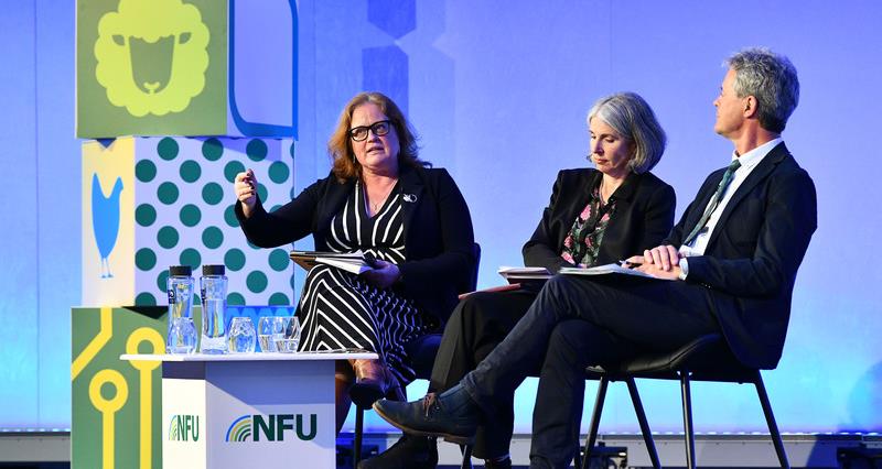 NFU Vice President Rachel Hallos, Rain Newton-Smith, chief executive of CBI, Angus Davison, Chairman of Haygrove Ltd pictured speaking on stage at NFU Conference.