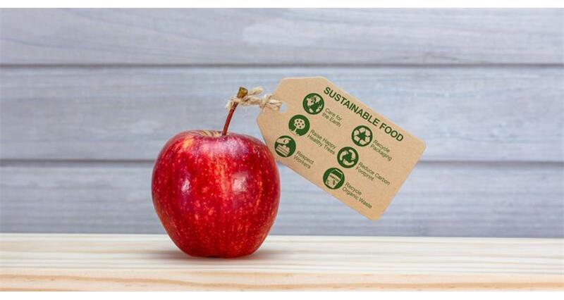 A photo of a red apple with an eco label attached to the stem.