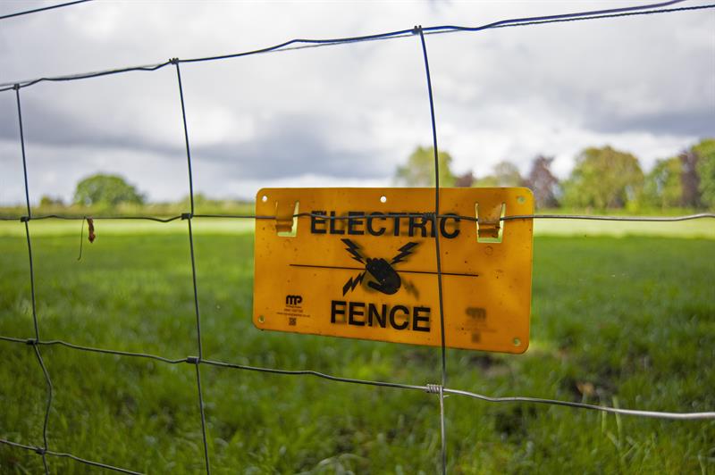 Electric Fence Wire Running Along A Fence In The Middle Of A Field