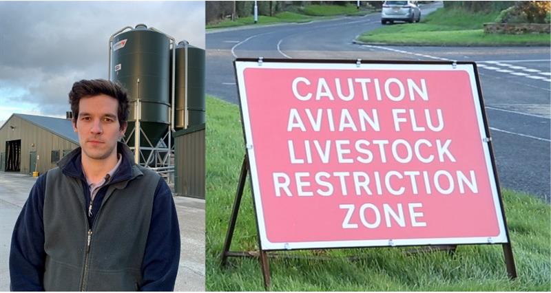 Daniel Blenkiron and a caution avian flu lovestock restriction sign
