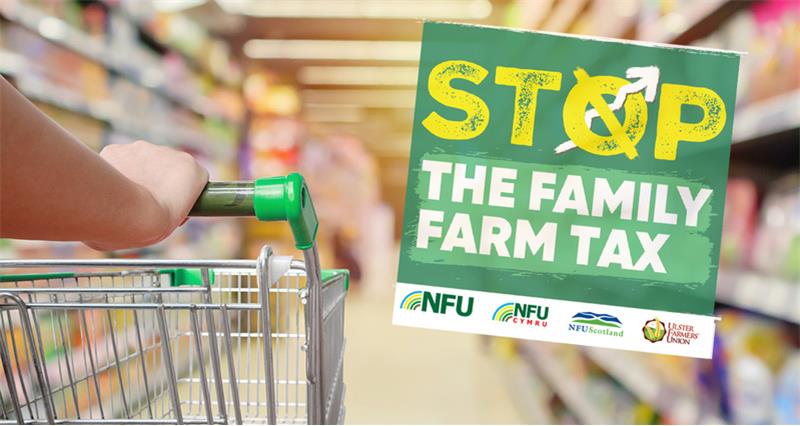 Woman pushing a trolley in a supermarket with the stop the family farm tax logo