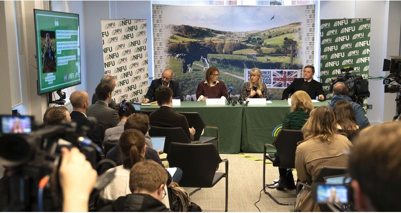 Michael Oakes, Victoria Shervington-Jones, Minette Batters and Julian Marks answering questions at the NFU's emergency press conference