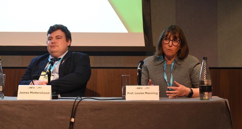 An image of James Mottershead and Prof Louise Manning speaking at NFU Conference 2024.