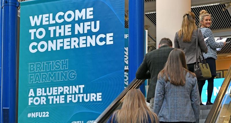 An image showing NFU branded artwork at NFU Conference 2022, inside the International Convention Centre, Birmingham,
