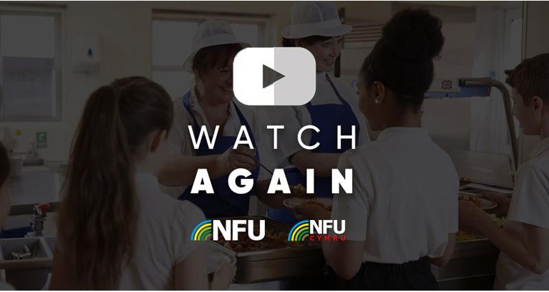 A greyed out image of school children serving food with NFU Watch Again on it