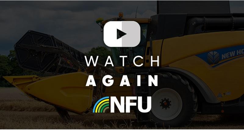 A blurred out combine harvester with the NFU logo and Watch Again on it