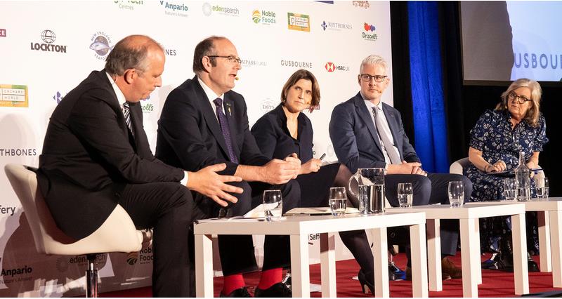 From left Sainsbury's CEO Simon Roberts, NFU President Tom Bradshaw, Food Foundation Executive Director Anna Taylor, New England Seafood International Sustainable Seafood CEO Dan Aherne, and panel chair and BBC presenter Charlotte Smith