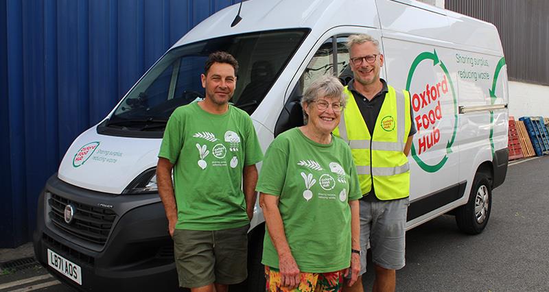 The Oxford food hub van and three volunteers