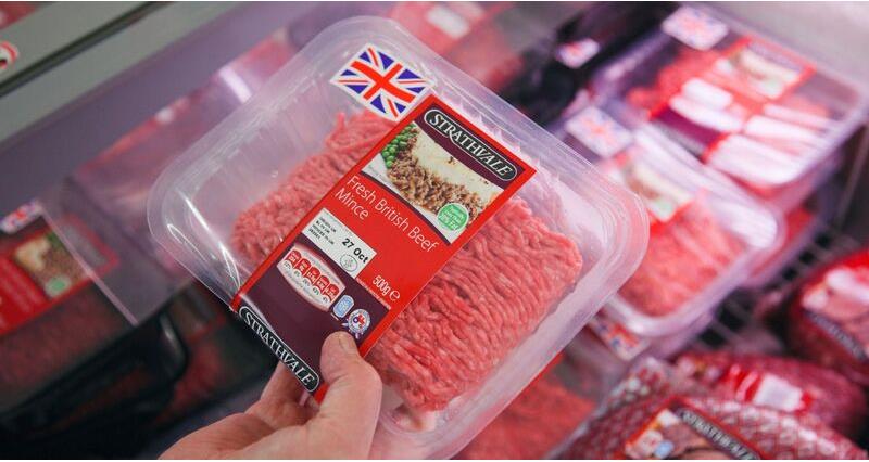 An image of British Beef mince in packaging with a food label giving nutritional details