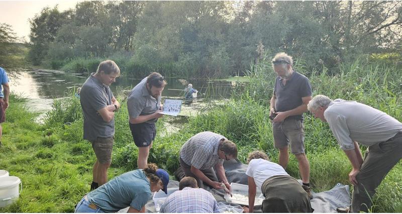 Members of the farmer cluster group inspect findings from the river