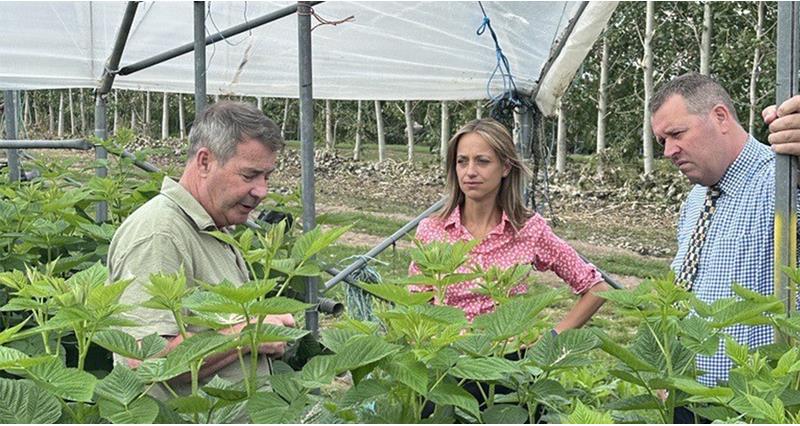 Minister Mark Spencer with host farmer Alastair Brooks and MP Helen Whately