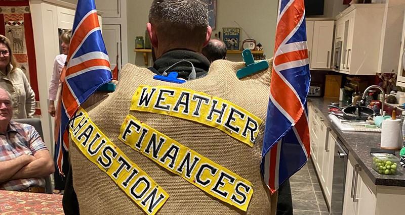 Backpack that reads: Weather, finances, exhaustion