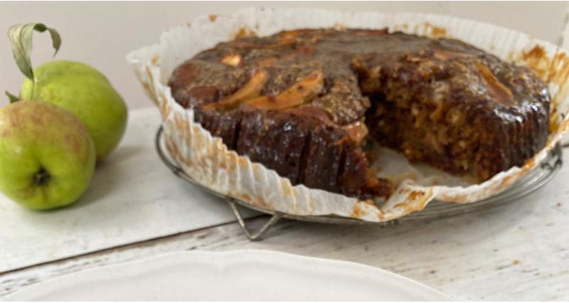 A sticky toffee cake with apples