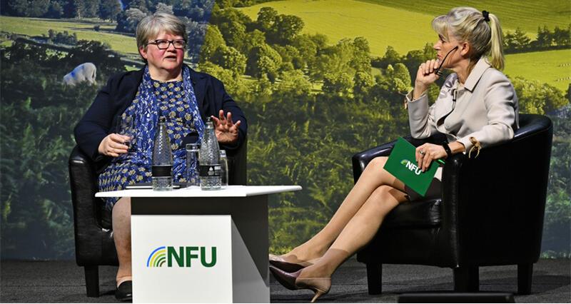 Secretary of State for Environment, Food and Rural Affairs The Rt Hon Thérèse Coffey MP and NFU President Minette Batters on stage during NFU Conference 2023