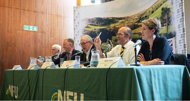 An image of the panel at NFU fringe event at Labour Party conference. From left to right: Tim Smith, Steve Reed, Will Hutton, Tom Bradshaw and Karen Betts.